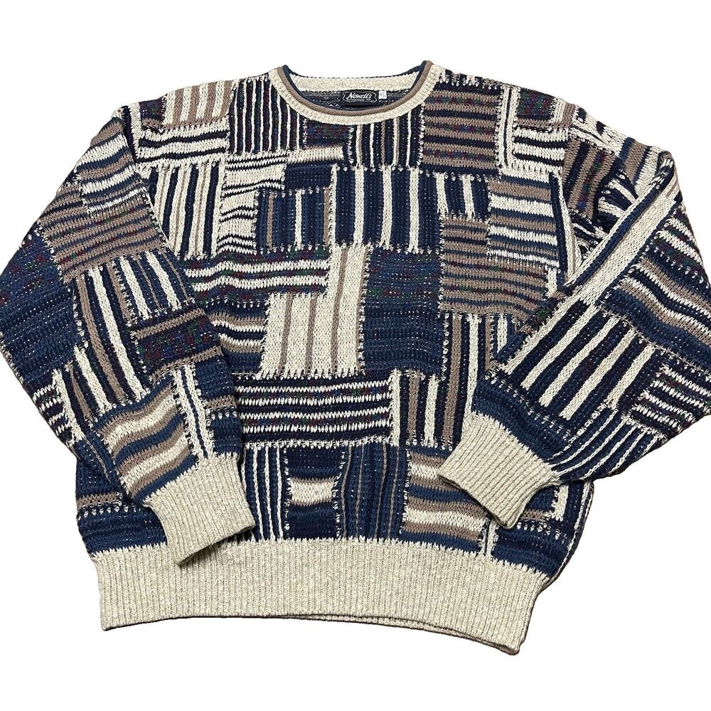 Vtg Nowell’s Men’s Sweater Size XL Patchwork Knit Crewneck Pullover Made in USA